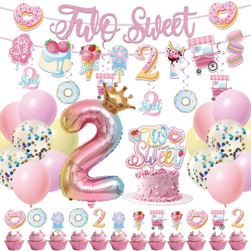 JUYRLE Two Sweet Birthday Party Decorations- Donut Birthday Party Supplies for Girls Two Sweet Banner Donut Balloon Cupcake Toppers 2nd Candy Theme Party Supplies for Baby Shower