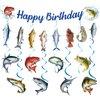 Fishing Birthday Party Decorations Include Happy Birthday Fishing Hanging Banner and Hanging Swirl Fishing Theme Party Supplies