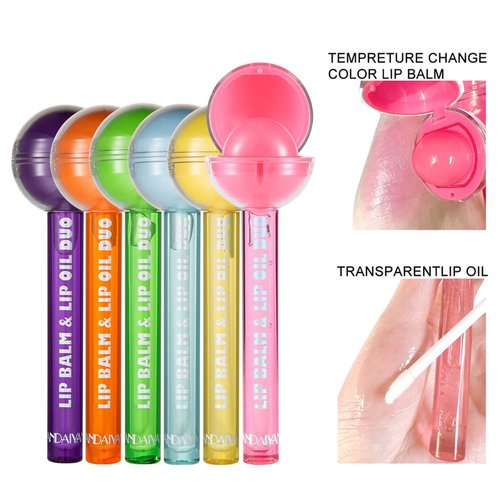 BIOKUSY Tinted Lip Balm Lollipop Lip Gloss, Magic pH Color Changing Pink Lipstick & Vitamin E Clear Lip Oil Combo, Hydrating Plumping Lip Care Product for Girls (Purple)