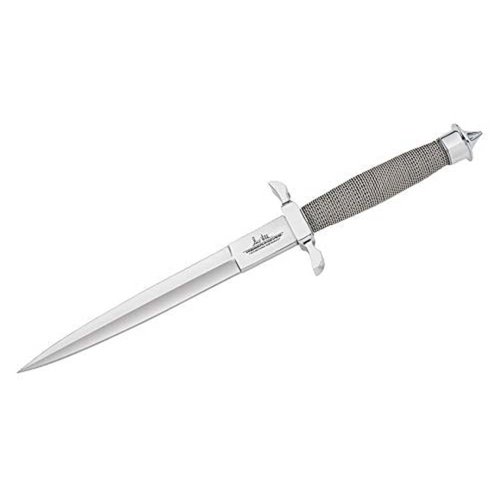 GIL HIBBEN Silver Shadow Dagger Knife With Leather Sheath - Double-Edged Stainless Steel Blade, Wire-Wrapped Handle, Signature Stamp, Must-Have for Hibben Collectors - Length 12 1/4"