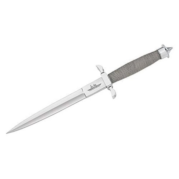 GIL HIBBEN Silver Shadow Dagger Knife With Leather Sheath - Double-Edged Stainless Steel Blade, Wire-Wrapped Handle, Signature Stamp, Must-Have for Hibben Collectors - Length 12 1/4"
