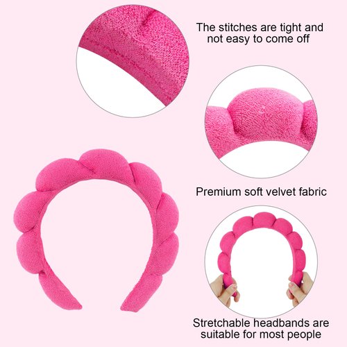 Semato Spa Headband and Wristband Set Skin Care Headband Fluffy Bow Face Wash Headband Hair Accessories Bubble Sponge Spa Headband for Women and Girls (hot pink)