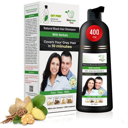 Ammonia-Free Herbal Hair Shampoo - Effectively Covers Gray Hair for Men and Women - Natural Color and Herbal Nourishment - No Stain on Skin - Natural Black (400 ml)