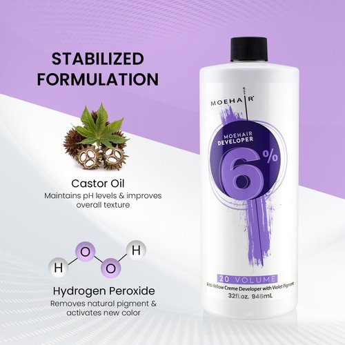 MOEHAIR Hair Color Developer 6% Hydrogen Peroxide | 20 Volume Cream Developer for Hair Coloring and Bleaching | Advanced Anti-Yellow Action | Salon-Grade | Paraben-Free | Peach Fragrance – 32 Fl. Oz