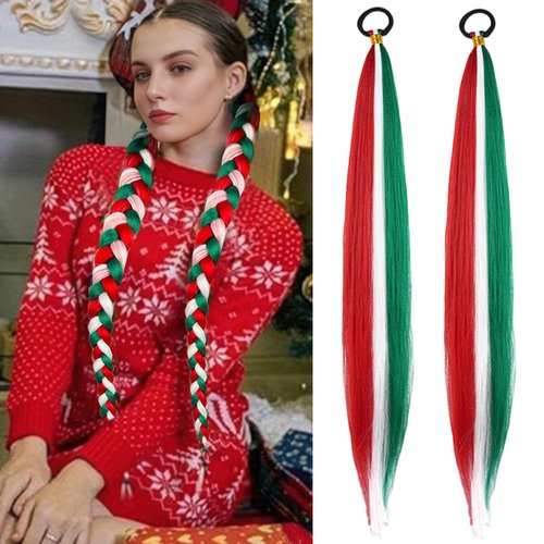 Braid Ponytail Extension with Hair Ties 26" Colored Braided Hair Extensions Braiding Colorful Straight Sleek Wrap Around Extensions Hair Ponytail Extension Christmas Hair Accessories (Red White Green)
