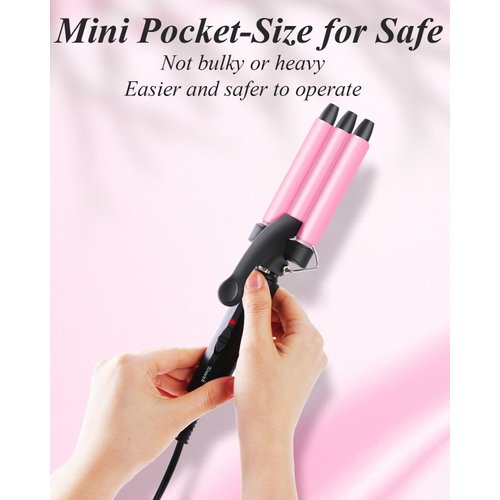 Mini Three Barrel Curling Iron, Small Curling Wand 1/2 Inch for Home and Travel, Ceramic Tourmaline Add Shine to Waves, Youuish Dual Voltage Hair Crimper, Pink