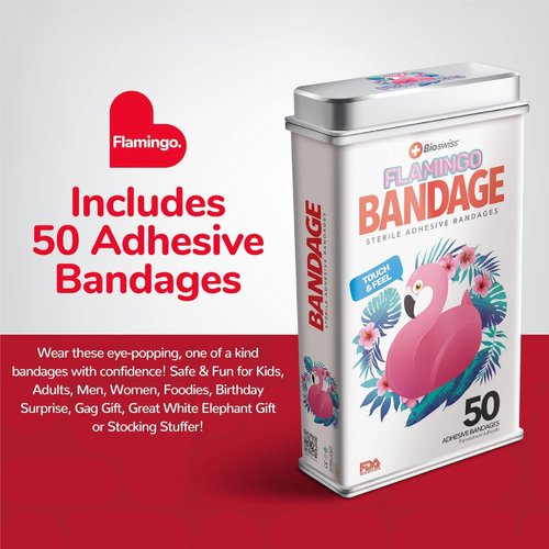 BioSwiss Bandages, Flamingo Shaped Self Adhesive Bandage, Latex Free Sterile Wound Care, 50 Count