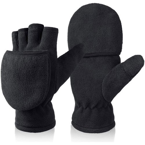 BESSTEVEN Winter Fingerless Gloves Convertible Mittens with Flip Top Thermal Fleece for Running Walking Photographing Painting Typing - Black Small