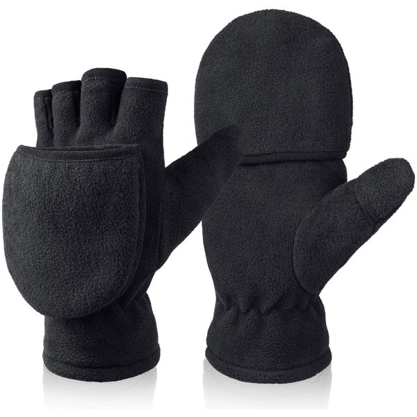 BESSTEVEN Winter Fingerless Gloves Convertible Mittens with Flip Top Thermal Fleece for Running Walking Photographing Painting Typing - Black Small