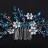Teyglen Flower Pearl Bride Wedding Hair Comb Blue Crystal Hair Comb Bridal Hair Piece Decorative Hair Accessories for Bride Rhinestone Headpiece for Women Grils (Peacock blue)