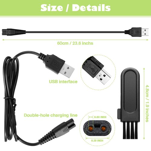Honoson Head Shaver Power Cord Replacement Shaver Charger Cord USB Cable USB Data Line and 5 Pieces Cleaning Brush Clipper Brush Shaver Brushes for Electric Shaver