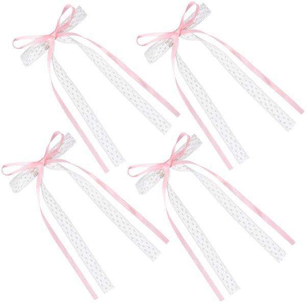 HINZIC 4pcs Coquette Lace Bows Pink White Bow Hair Clips with Long Tail Cute Bowknot Ribbon Snap Barrettes Christmas Wedding Prom Valentines Decorative Accessories for Women Teen Rapunzel