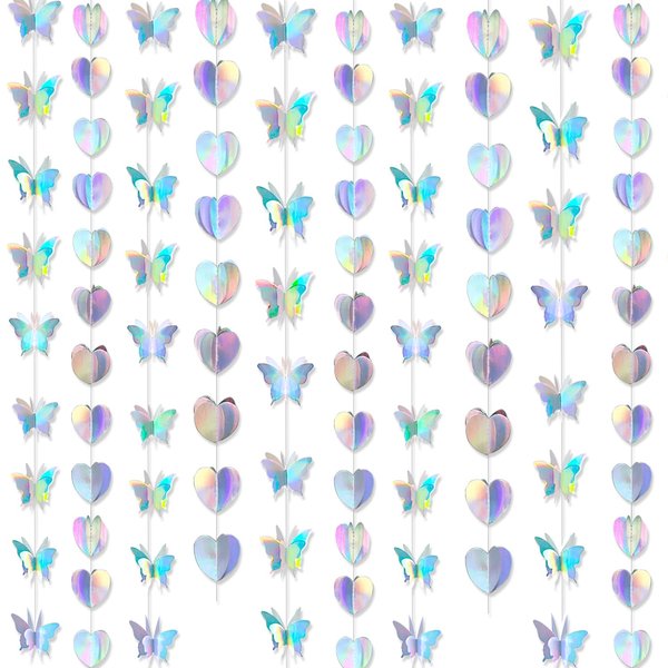 40 Feet Iridescent Party 3D Iridescent Butterfly&Heart Hanging Garlands Holographic Butterflies Love Heart Paper Garland Party Streamers for Wedding Home Decor Birthday Baby Shower Decorations