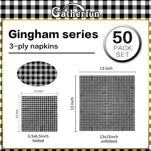 Gatherfun Disposable Paper Napkins Black and White Gingham for Dinner Picnic and Parties (Pack of 50)