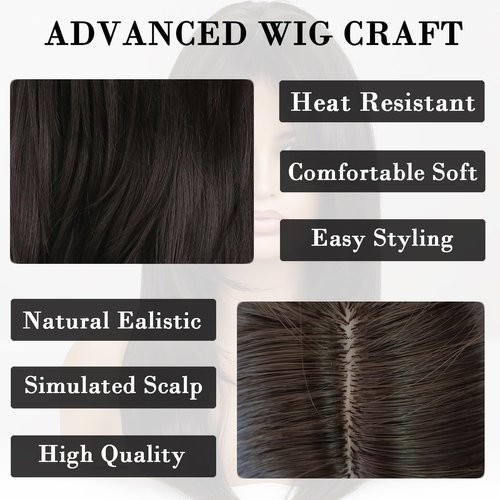 Doremiy Black Brown Wig with Bangs Natural Medium Length Straight Wigs for Women Heat Resistant Fiber Synthetic Wigs for Daily Cosplay