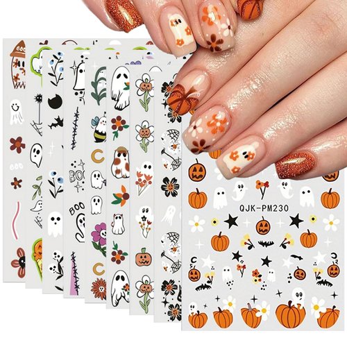 Halloween Nail Stickers 9 Sheets Cute Nail Stickers Nail Decals for Nail Art Ghost Brown Flower Pumpkin Nail Art Stickers Decals Fall Self-Adhesive 3D Halloween DIY Nail Supplies for Women Girls&Kids