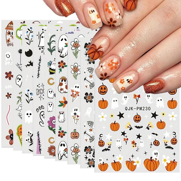 Halloween Nail Stickers 9 Sheets Cute Nail Stickers Nail Decals for Nail Art Ghost Brown Flower Pumpkin Nail Art Stickers Decals Fall Self-Adhesive 3D Halloween DIY Nail Supplies for Women Girls&Kids