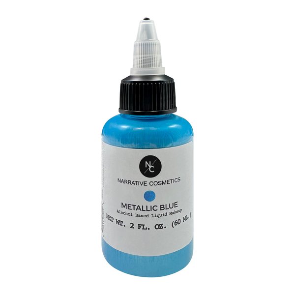 Narrative Cosmetics Metallic Alcohol Airbrush Paints - 2 fl oz, Skin Safe, Quick Dry, Waterproof, Sweatproof, Transferproof Liquid Makeup for Bodypainting, Theater, FX Makeup - Metallic Blue