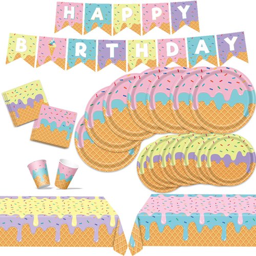 Ice Cream Party Supplies Kit for 24 With Ice Cream Plates, Napkins, Cups, Tablecloth, Banner for Birthday Decorations