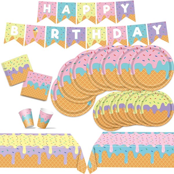 Ice Cream Party Supplies Kit for 24 With Ice Cream Plates, Napkins, Cups, Tablecloth, Banner for Birthday Decorations