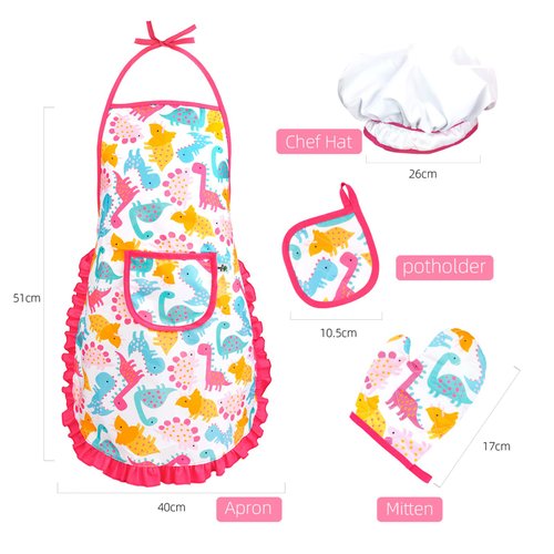 14Pcs Kids Apron Chef Hat Girls Cooking and Baking Set, Toddler Dress Up Kitchen Role Play Toys for 3 4 5 6 7 Years Old Gift(Dinosaur)