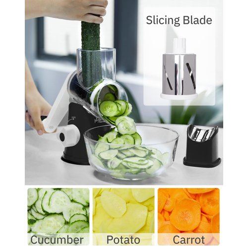 X Home Rotary Cheese Grater, Manual Cheese Grater with Handle, Mandoline Vegetables Slicer Cheese Shredder with Strong Suction Base, 3 Drum Blades Cheese Shredder Included, Black
