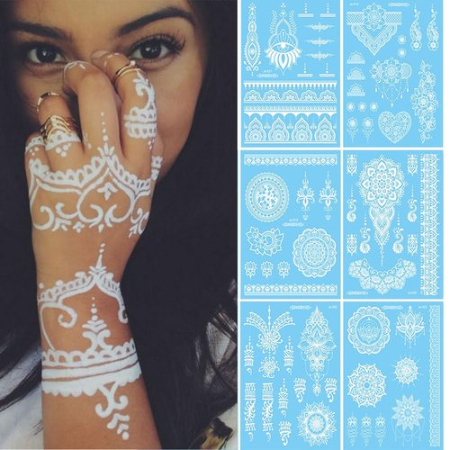 White Henna Temporary Tattoo Flower Lace Fake Tattoos Sticker for Women Indian Henna Waterproof Tattoo Sticker for Body Arm Makeup Wedding Tattoo Stickers Party Supplies for Diwali 6Sheet(White)