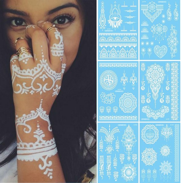 White Henna Temporary Tattoo Flower Lace Fake Tattoos Sticker for Women Indian Henna Waterproof Tattoo Sticker for Body Arm Makeup Wedding Tattoo Stickers Party Supplies for Diwali 6Sheet(White)