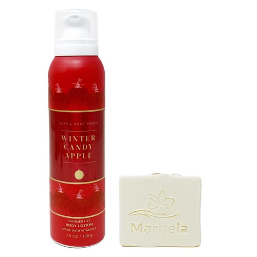 Bath & Body Works Winter Candy Apple - Shimmer Fizz Body Lotion with a Natural Oats Sample Soap.