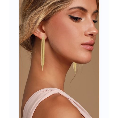 Long Tassel Clip On Dangle Earrings Gold Punk Sleek Metal Chain Clip Earrings Statement Wedding Bridesmaid Jewelry