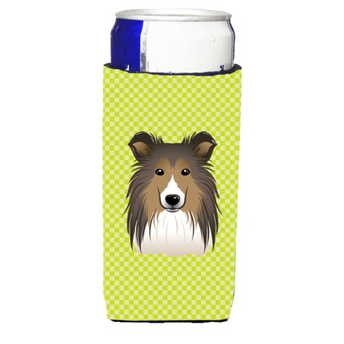 Caroline's Treasures BB1304MUK Checkerboard Lime Green Sheltie Ultra Hugger for slim cans Can Cooler Sleeve Hugger Machine Washable Drink Sleeve Hugger Collapsible Insulator Beverage Insulated Holder