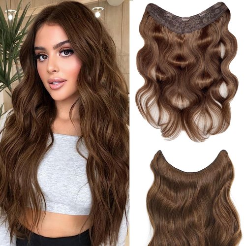 One Piece Clip in Hair Extensions Real Human Hair 22 Inch Caramel Brown Body Wave Invisible Clip on Hair for Women with 5 Secure Clilps Double Weft V Shape Clip in Hair Extensions 3/4 Full Head