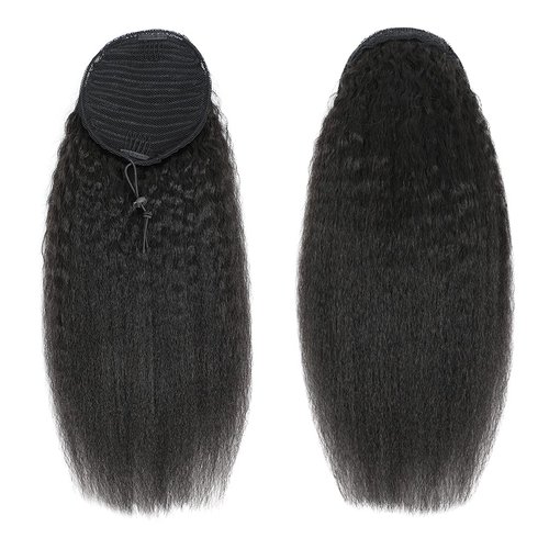 Kinky Straight Ponytail Extensions Human Hair Wrap Drawstring Adjustable Clip In Pony Tail Yaki Curl Natural Black (18")
