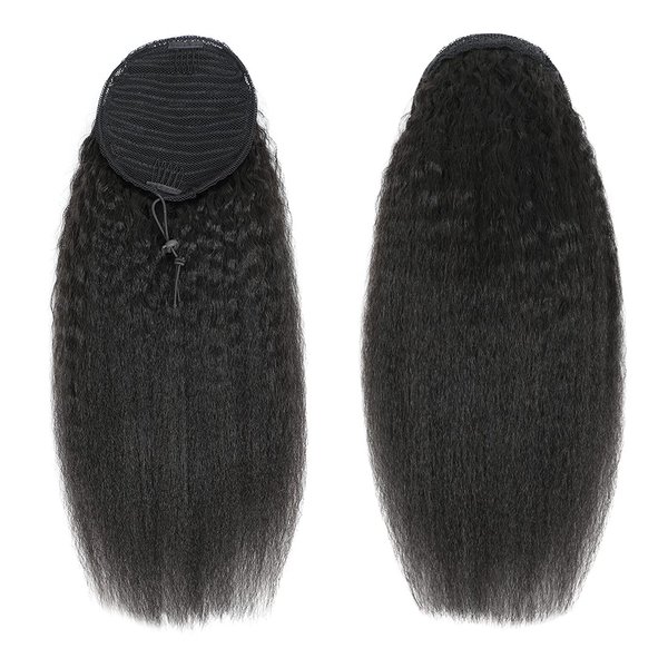 Kinky Straight Ponytail Extensions Human Hair Wrap Drawstring Adjustable Clip In Pony Tail Yaki Curl Natural Black (18")