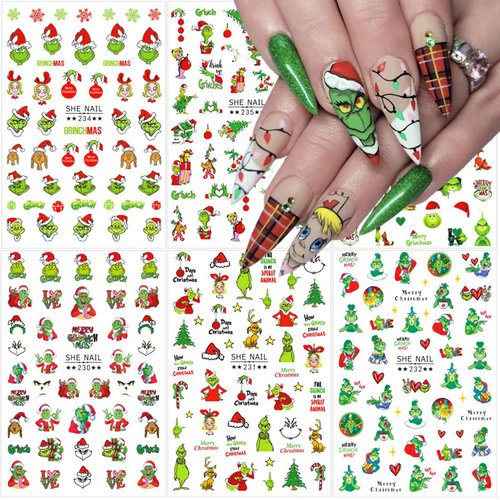 6 Sheets Christmas Nail Art Stickers 3D Self-Adhesive Snowflake Nail Stickers Green Monster Funny Cartoon Design Winter Xmas Nail Decals Nail Art Supplies for Women Girls Acrylic Nails DIY Xams