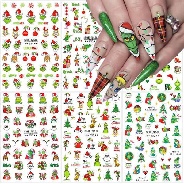 6 Sheets Christmas Nail Art Stickers 3D Self-Adhesive Snowflake Nail Stickers Green Monster Funny Cartoon Design Winter Xmas Nail Decals Nail Art Supplies for Women Girls Acrylic Nails DIY Xams
