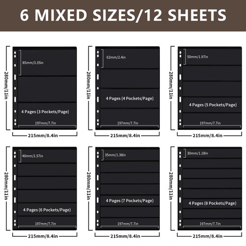 Stamp Collection Inserts - Collector Stamp Album 12 Sheets with 6 mixed sizes for Stamp Collection Binder Kit IS01MX312