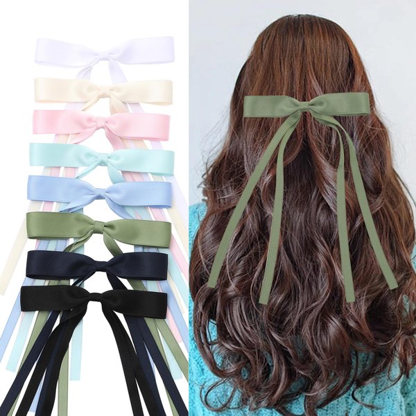 WORTL 8 PCS Hair Bows for Women, Hair Ribbon with Long Tail Bowknot Hair Clips for Women Girls, Hair Barrettes with Bow Accessories