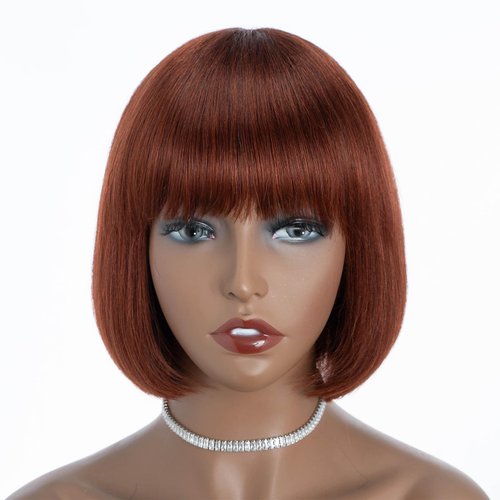 DÉBUT Short Bob Straight Wigs with Bangs Reddish Brown Brazilian Human Virgin Hair Non Lace Front Glueless Wig Brazilian Virgin Remy Hair 8 Inches