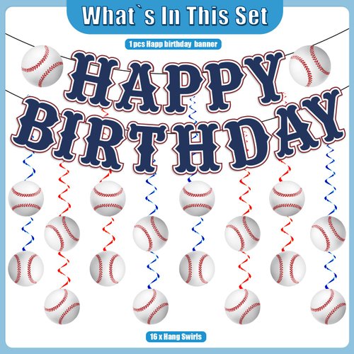 KORHONEN Baseball Party Decorations, Baseball Birthday Party Decorations Includes Happy Birthday Banner and Baseball Hanging Swilrs, Baseball Themed Party Decorations for Boys Adults