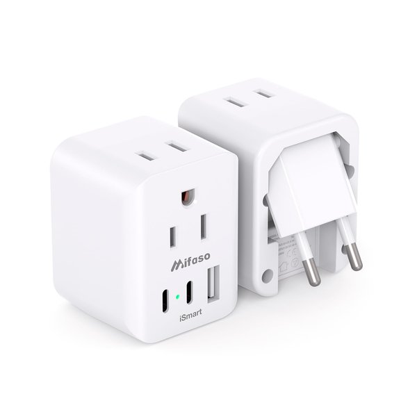 European Travel Plug Adapter, 2 Pack Foldable International Power Plug Adapter with 2 AC Outlets 3 USB Charging Ports(2 USB C), Type C Plug Adapter Travel Essentials