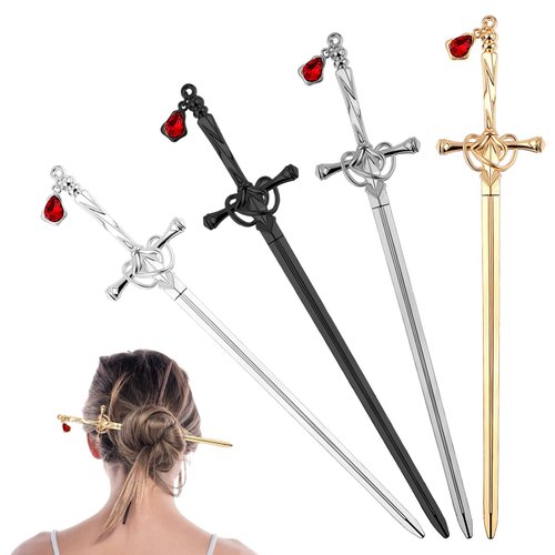 Mabor 4pcs Sword Hair Stick,Hair Chopsticks for Women,Vintage Design DIY Hair Style Long Hair Pins for Buns,Hanfu Dress Hair Accessories Women Girl Gifts