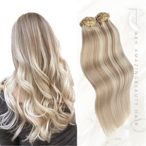 ABH AMAZINGBEAUTY HAIR Hair Extension Clips Light Brown Highlights Platinum Blonde Hair Extensions Clip in Human Hair Remy 18 Inch Clip in Hair Extensions Real Human Hair Straight 8pcs/120g P8-60