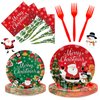 100 Pcs Merry Christmas Plates and Napkins Sets - Cute Winter Christmas Round Tableware, Disposable Christmas Paper Plates and Napkins Forks for Christmas Party Supplies Favors Table Decor, Serves 25