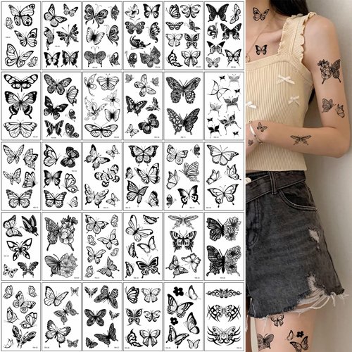 30 Sheets Butterfly Temporary Tattoos for Women Girls 3D Butterfly Flower Sexy Fake Tattoo Stickers Waterproof Body Art Black Temp Tattoo Paper (Black Butterfly)