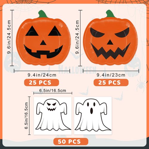 100 Pcs Halloween Paper Plates and Napkins Halloween Theme Tableware Party Supplies for Spooky Themed Party Birthday, Serves 50 Guests