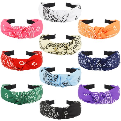 Jaciya Bandana Headbands for Women 10pcs Knotted Headband for Women Girls Head Bands Paisley Top Knot Turban Hair Bandanas Wide Vintage Boho Headbands Hair Accessories