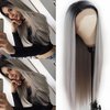 Lezaxiu Gray Lace Front Wig Long Straight Hair Wigs Ombre Grey Wig Heat Resistant Fiber Hair Synthetic Lace Front Wigs for Fashion Women 24 Inch