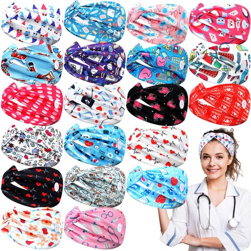 Jexine 20 Pcs Women Nurse Headbands with Button Wide Nurse Headbands for Mask Non Slip Elastic Ear Protection Christmas Gift for Nurses Doctors Sweatband Medical Nursing Hairband Workout Yoga Turban