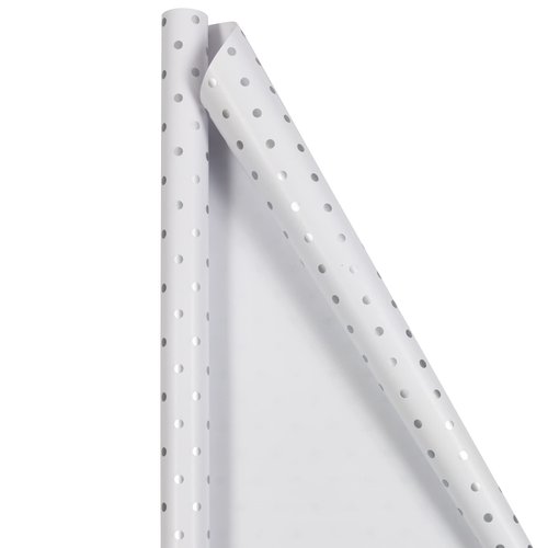 JAM Paper Gift Wrap - Polka Dot Wrapping Paper - 25 Sq Ft (30 in x 10 Ft) - White with Silver Foil Dots - Roll Sold Individually